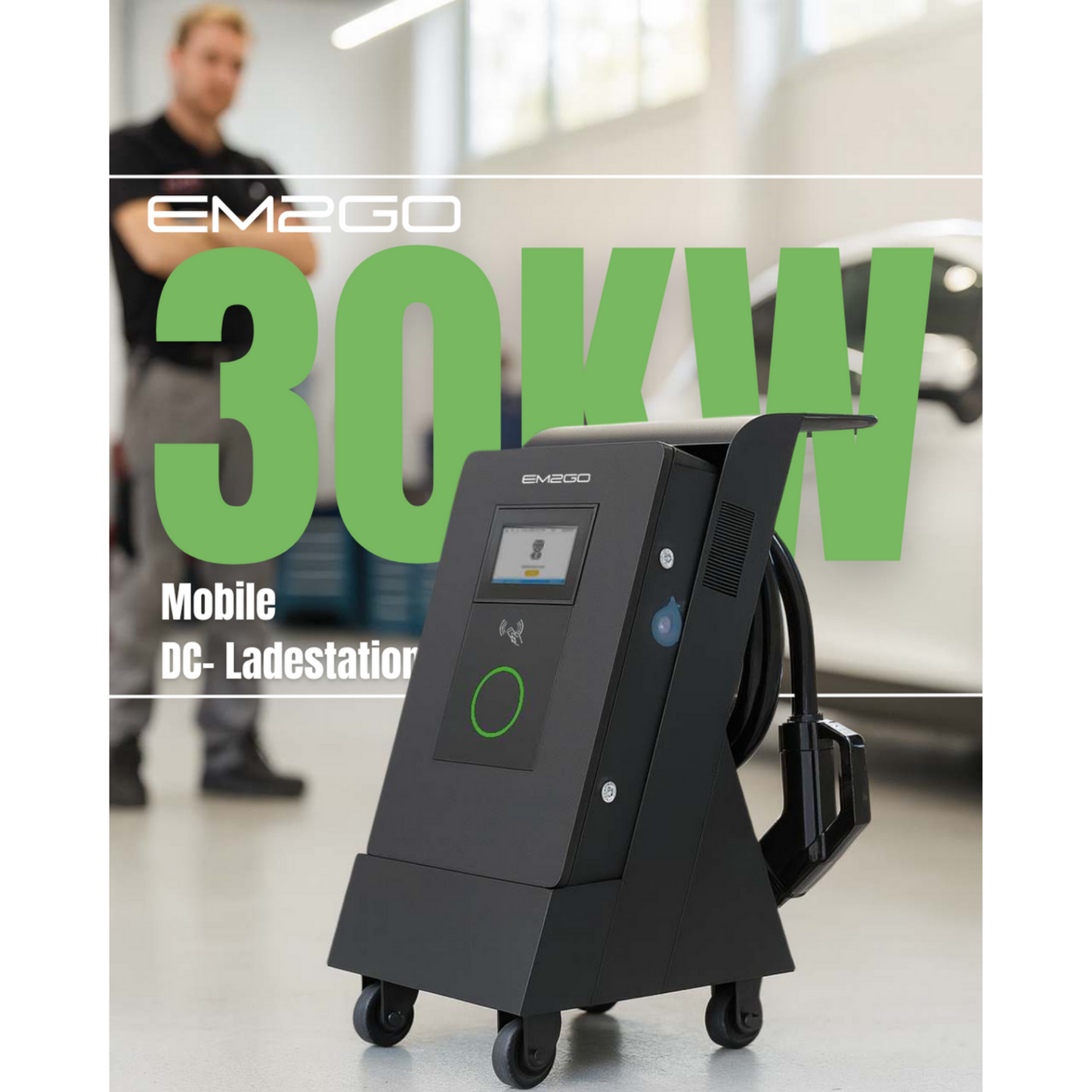 EM2GO DC Wallbox Ultra Power Mobil +Transporttrolley – 30kW, 5m CCS2, 8m CEE, RFID, LAN/WLAN/4G, OCPP