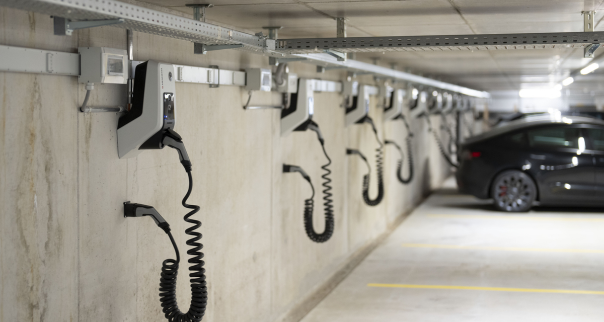 Ladeinfrastruktur mit mehreren Wallboxen in einem Parkhaus