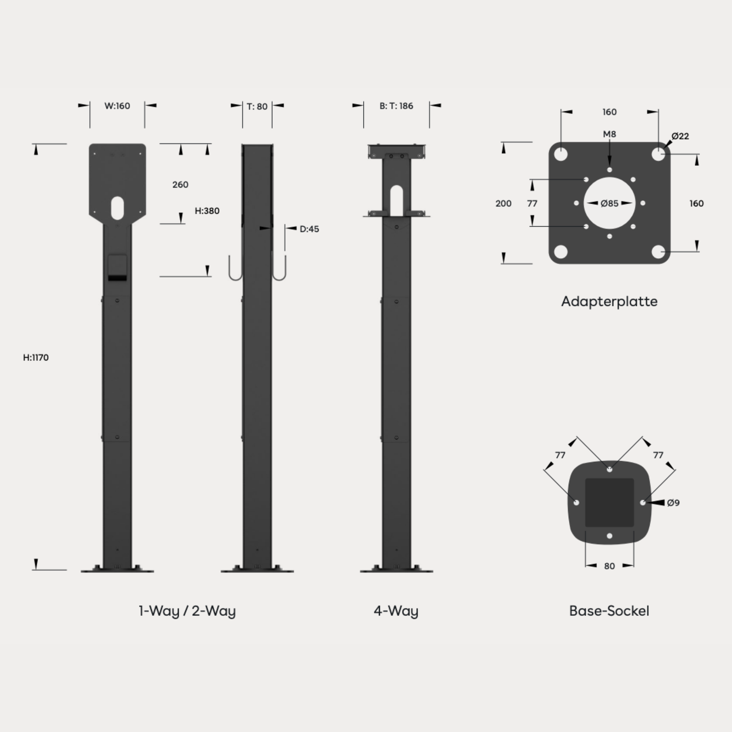 Easee Base Standfuß 2026 – 120 cm Column inkl. 1-Way / 2-Way / 4-Way Kit