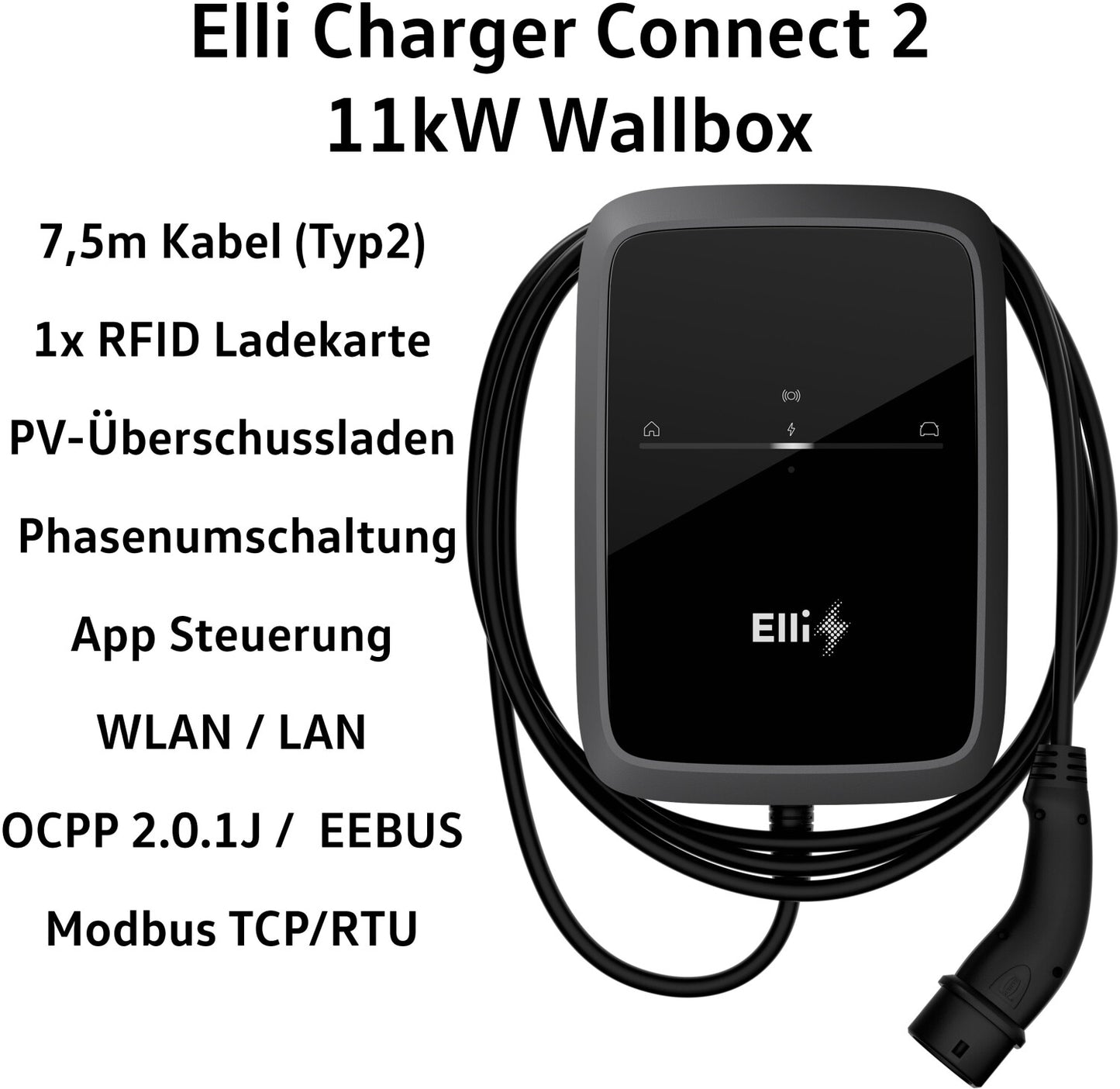 Elli Charger Connect 2 – 11 kW, 7,5m Typ-2 Kabel, WLAN/LAN, RFID, PV-Überschussladen