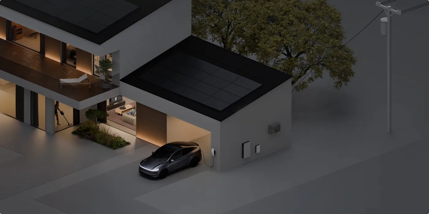 Haus mit Solardach, Batteriespeicher und Elektroauto
